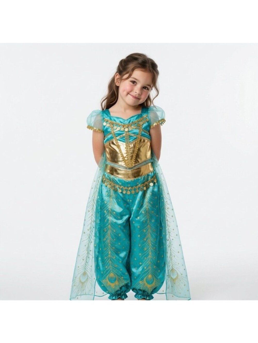 Girls Jasmine Princess Costume Outfit Teal Gold Satin Sheer Birthday Party